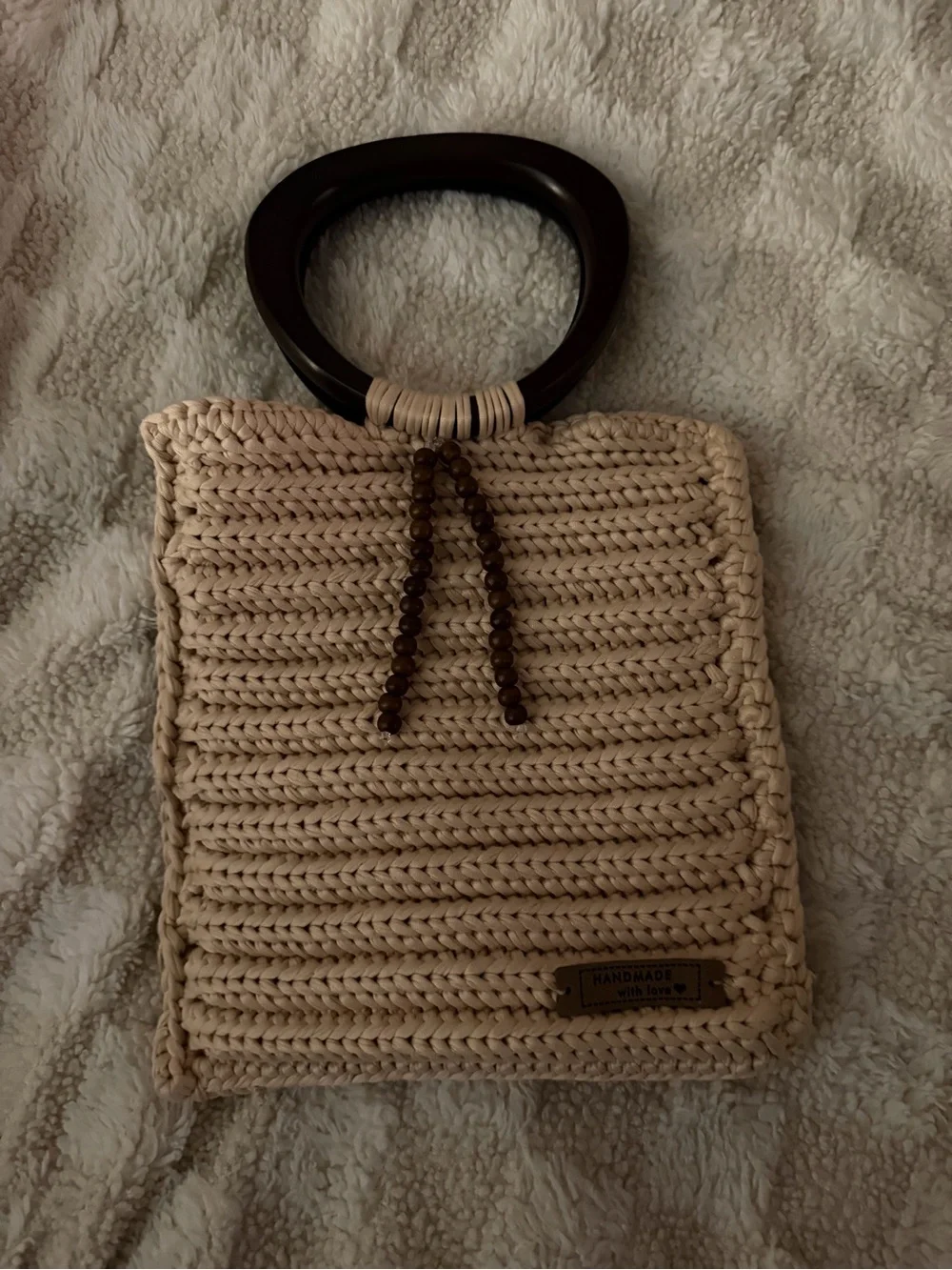 Handmade Cream Crochet Tote with Dark Wood Handles